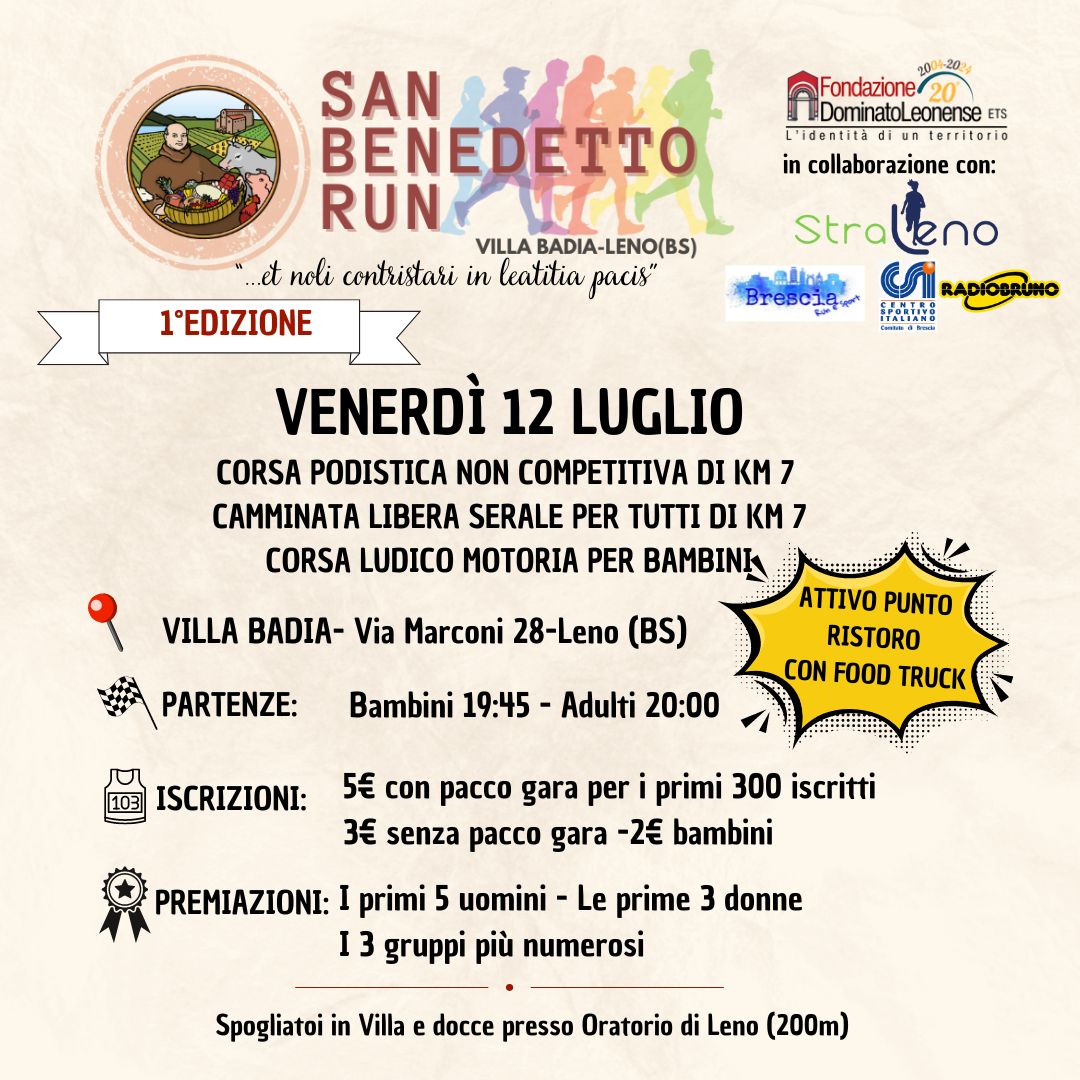 Venerdì 12 luglio, a Leno, si correrà la San Benedetto Run!
