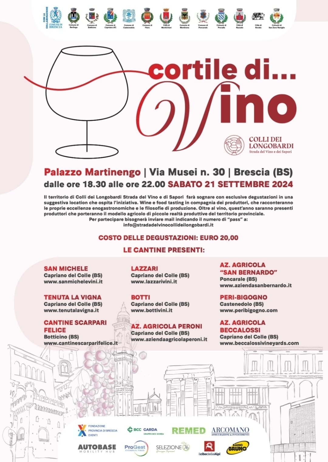 “Cortile di…Vino” si svolgerà Sabato 21 Settembre in Palazzo Martinengo a Brescia