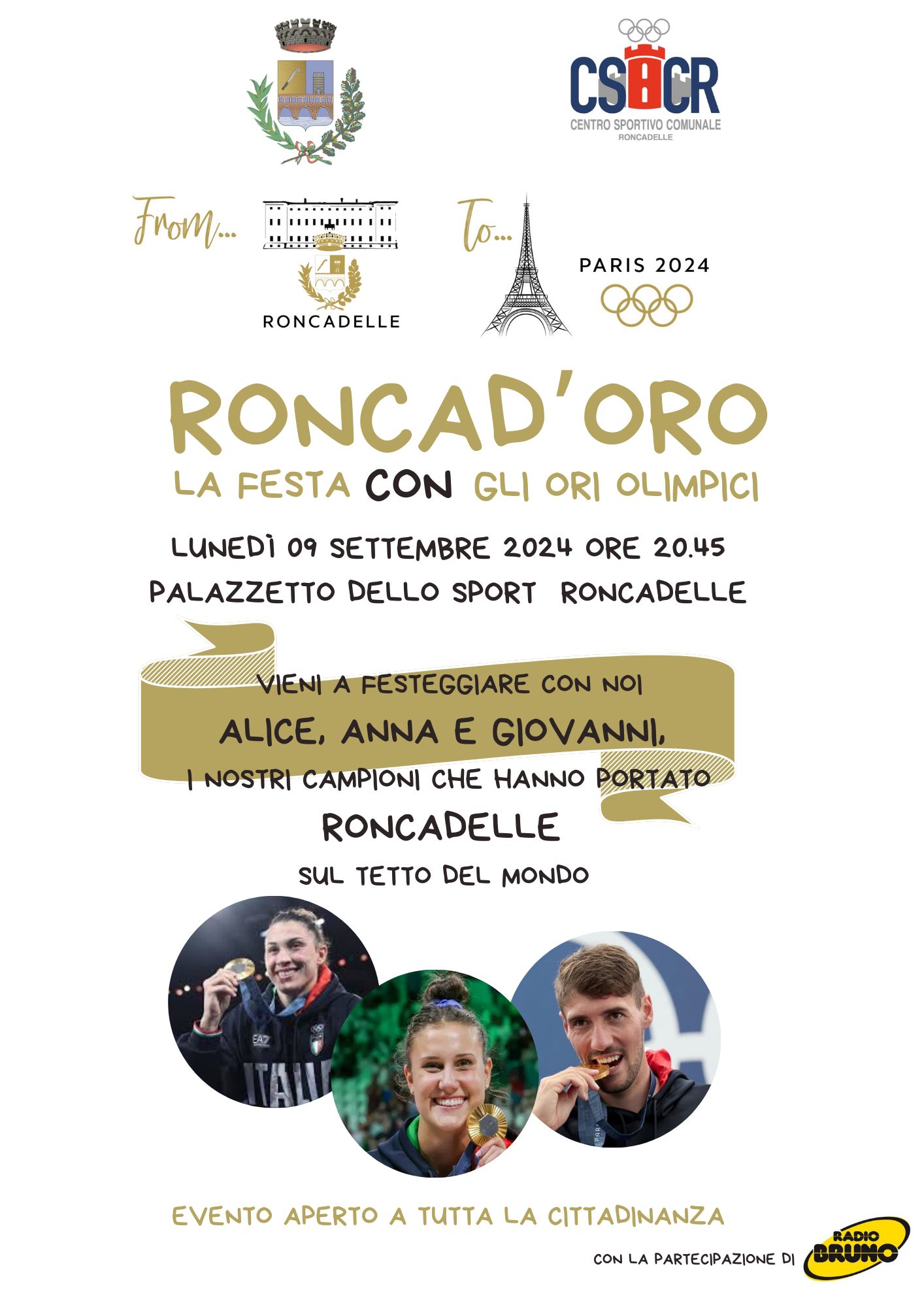 Lunedì 9 settembre a Roncadelle arriva “Roncad’oro”, la festa con gli ori olimpici